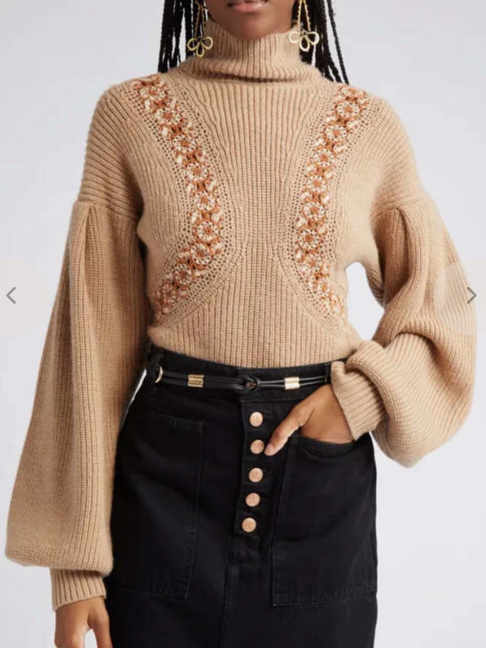 Ulla Johnson Crochet Detail Merino Camel Turtleneck Sweater